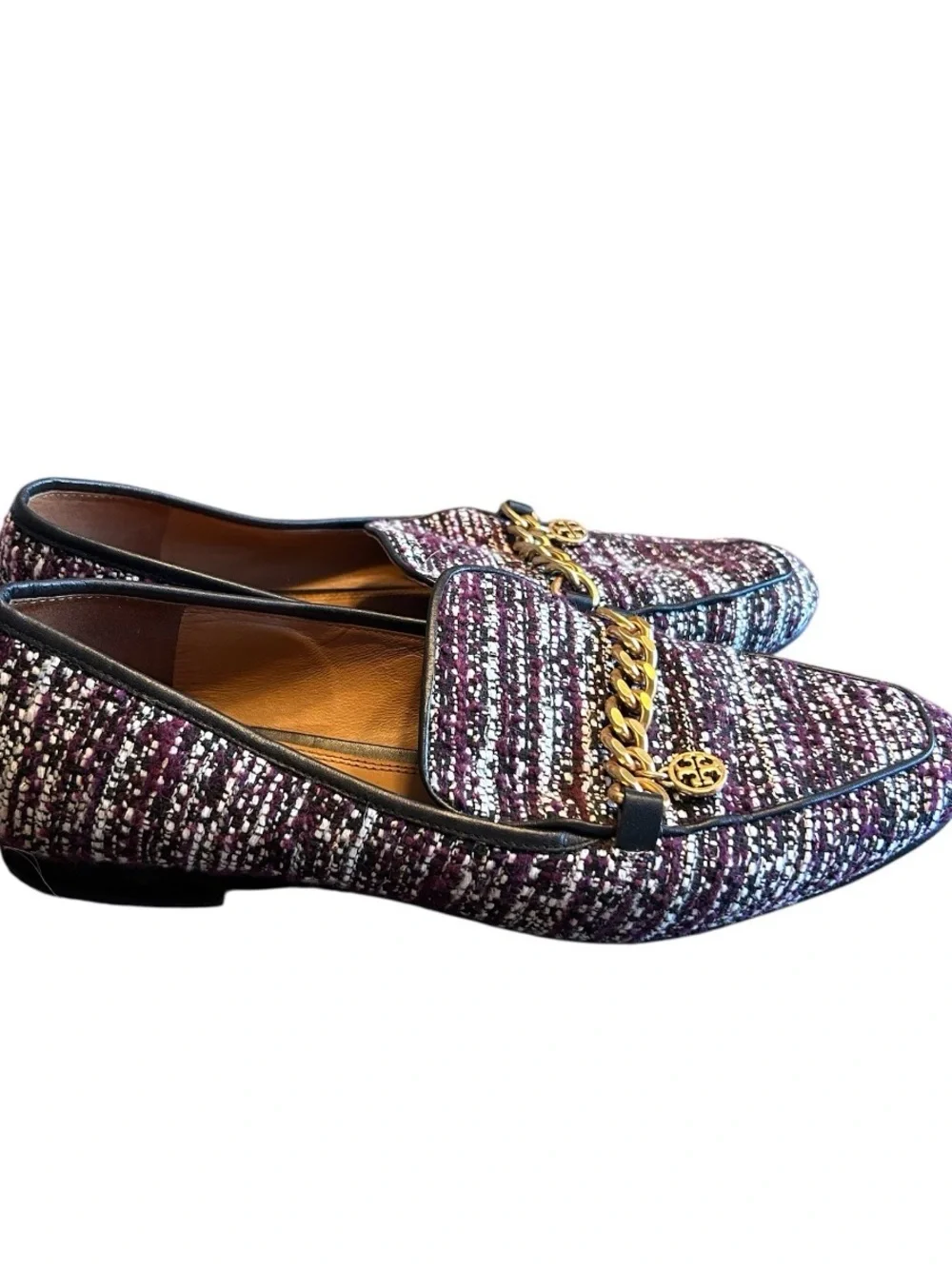 Tory Burch Mini Benton Loafers Size 10 Gold Charm Multicolor Tweed